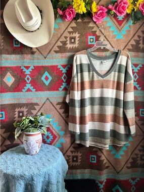 Cozy Striped V-Neck Women's Top - Taupe, Olive & Cream